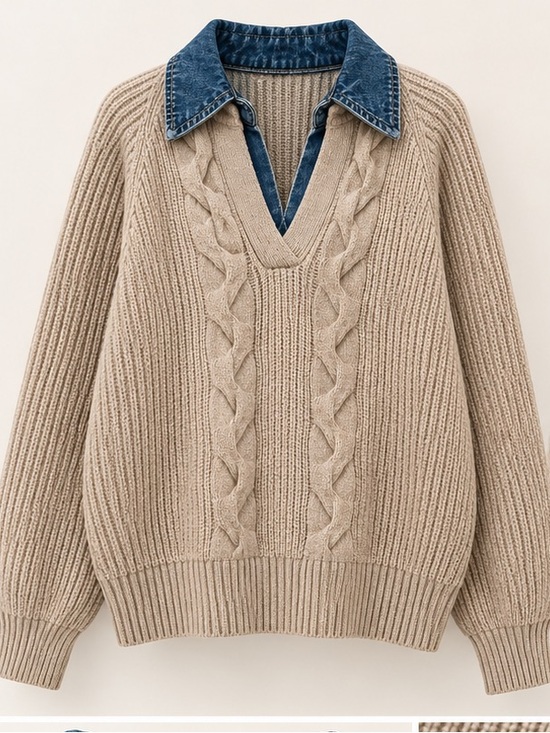 Commense Sweaters - COMMENSE Beige Cable V-Neck Sweater with Denim Trim